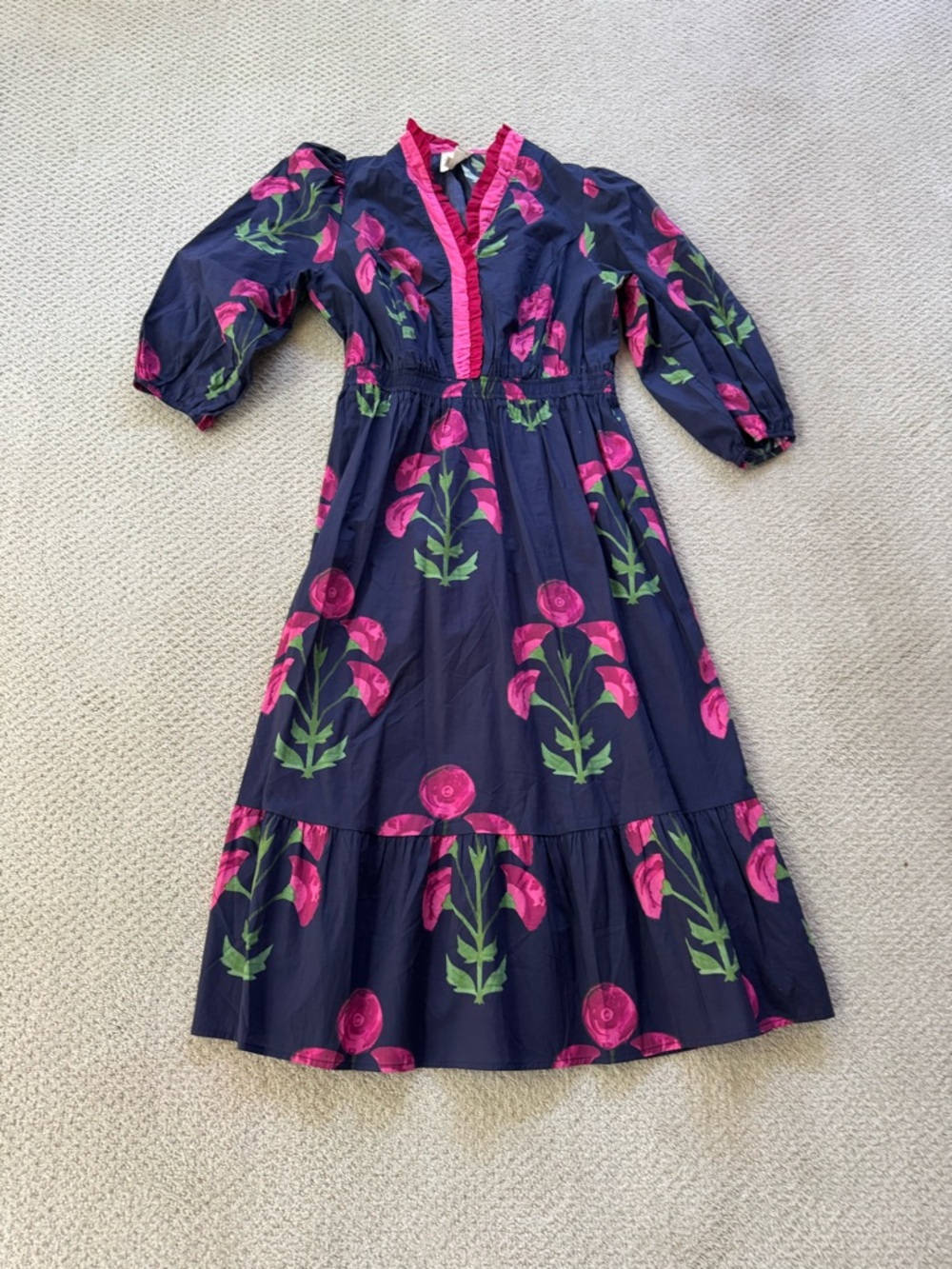 Navy Floral Midi Dress with Pink Trim